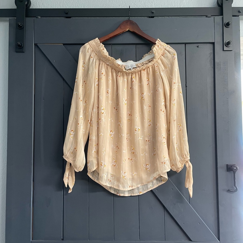 Wayf Cream Floral Off-Shoulder Tie-Sleeve Blouse
